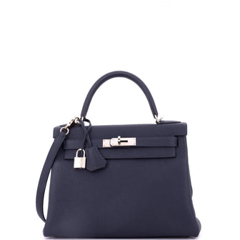 Hermes Kelly Handbag Blue Togo with Palladium Hardware 28