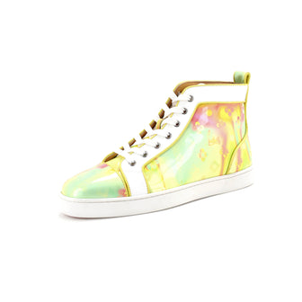 Christian Louboutin Men's Louis Flat High-Top Sneakers Printed Fabric with Patent