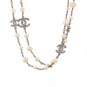 Chanel CC Long Necklace Faux Pearls and Crystal Embellished Metal