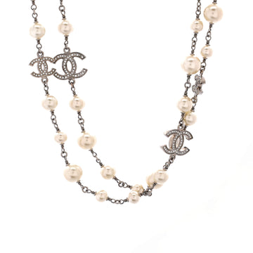 Chanel CC Long Necklace Faux Pearls and Crystal Embellished Metal