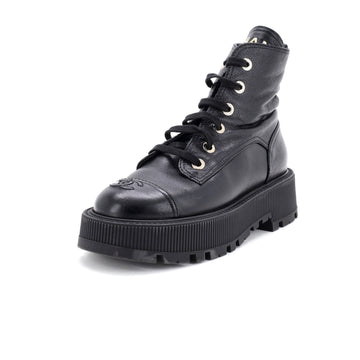 Chanel Women's CC Cap Toe Lace Up Combat Boots Leather