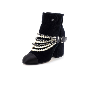 Chanel Women's Pearl Chain Strap Ankle Boots Corduroy