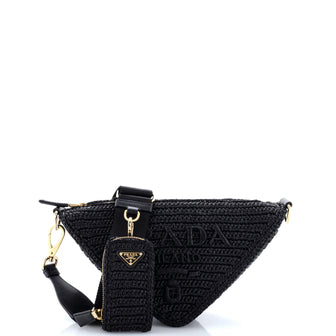 Prada Triangle Logo Zip Crossbody Bag Crochet Raffia Small