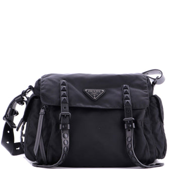 Prada New Vela Flap Messenger Bag Tessuto with Studded Leather Medium