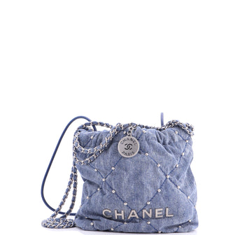 Chanel 22 Chain Hobo Quilted Studded Denim Mini