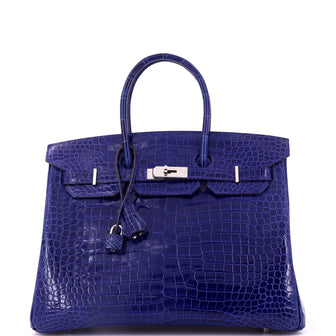 Hermes Birkin Handbag Blue Shiny Porosus Crocodile with Palladium Hardware 35