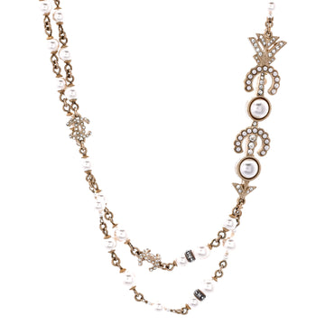 Chanel Coco Arrow CC Station Long Necklace Metal and Faux Pearls with Crystals