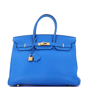 Hermes Birkin Handbag Blue Clemence with Gold Hardware 35