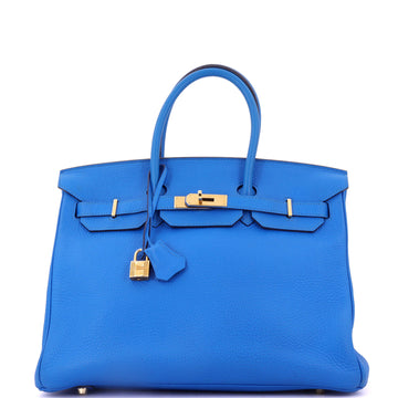 Hermes Birkin Handbag Blue Clemence with Gold Hardware 35