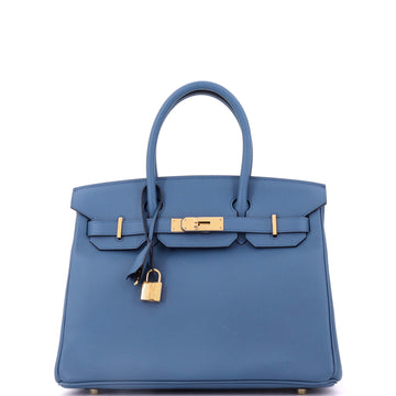 Hermes Birkin Handbag Blue Epsom with Gold Hardware 30