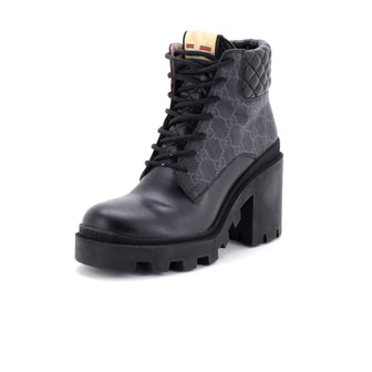 Gucci Women's Lace Up Heeled Ankle Boots GG Coated Canvas with Quilted Leather
