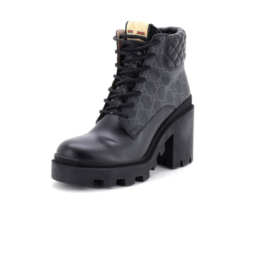 Gucci Women's Lace Up Heeled Ankle Boots GG Coated Canvas with Quilted Leather
