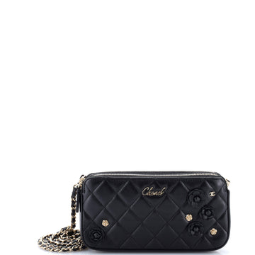 Chanel Camellia Charms Double Zip Clutch with Chain Quilted Lambskin