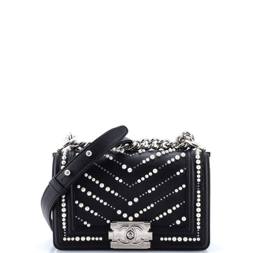 Chanel Boy Flap Bag Pearl Embellished Chevron Calfskin Small