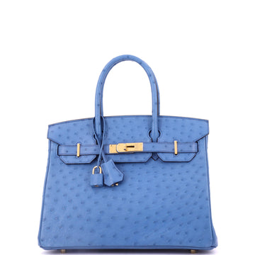 Hermes Birkin Handbag Blue Ostrich with Gold Hardware 30