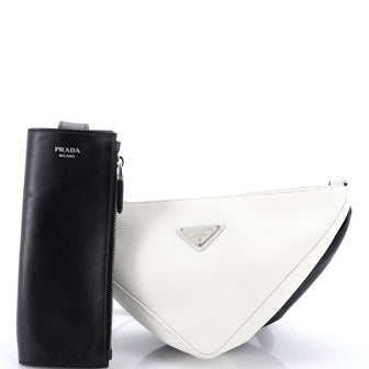 Prada Double Triangle Logo Zip Shoulder Bag Saffiano Leather and Leather