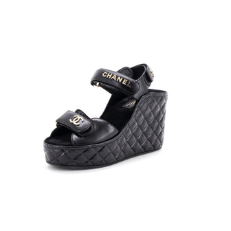 Chanel Women's Logo Velcro Strap Wedge Sandals Quilted Leather
