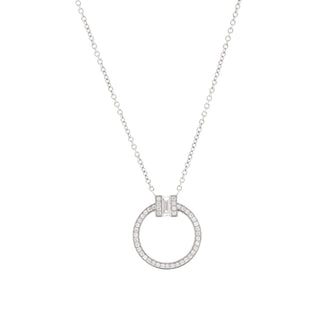 Tiffany & Co. T Circle Pendant Necklace 18K White Gold with Diamonds and Center Baguette Diamond Small