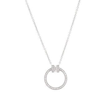 Tiffany & Co. T Circle Pendant Necklace 18K White Gold with Diamonds and Center Baguette Diamond Small
