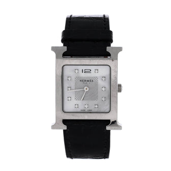 Hermes Heure H Quartz Watch Stainless Steel and Alligator with Diamond Markers and Mother of Pearl 26