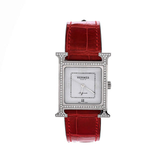 Hermes Heure H Automatic Watch Stainless Steel and Alligator with Diamond Bezel 26