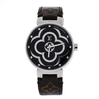Louis Vuitton Tambour Moon Divine Quartz Watch Stainless Steel and Monogram Canvas with Diamond Markers 35