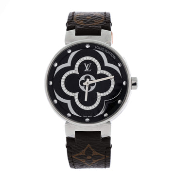 Louis Vuitton Tambour Moon Divine Quartz Watch Stainless Steel and Monogram Canvas with Diamond Markers 35