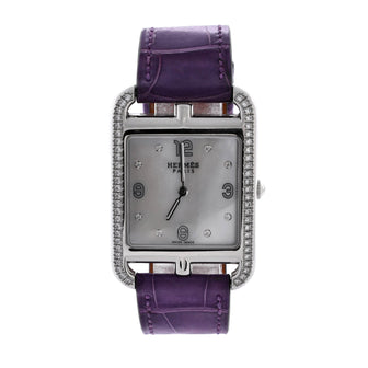 Hermes Cape Cod Quartz Watch Stainless Steel and Alligator with Diamond Bezel and Markers and Mother of Pearl 29