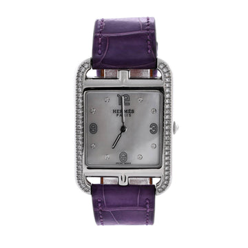 Hermes Cape Cod Quartz Watch Stainless Steel and Alligator with Diamond Bezel and Markers and Mother of Pearl 29