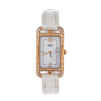 Hermes Nantucket Quartz Watch Rose Gold and Alligator with Diamond Scattered Bezel, Diamond Markers and Mother of Pearl 20