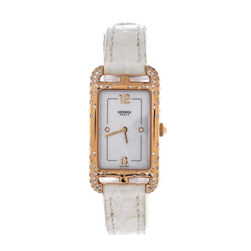 Hermes Nantucket Quartz Watch Rose Gold and Alligator with Diamond Scattered Bezel, Diamond Markers and Mother of Pearl 20