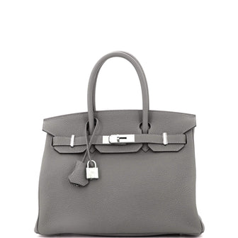 Hermes Birkin Handbag Grey Clemence with Palladium Hardware 30