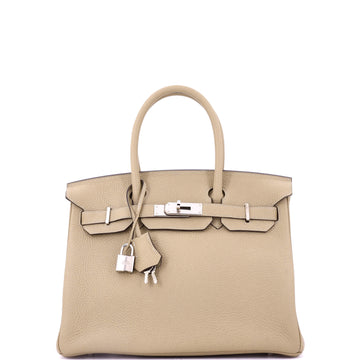 Hermes Birkin Handbag Light Clemence with Palladium Hardware 30