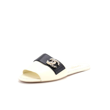 Chanel Women's Embellished CC Slide Sandals Leather with Crystals and Faux Pearls