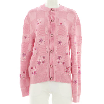 Louis Vuitton Men's Crewneck Button Up Cardigan Embroidered Damier Silk Blend