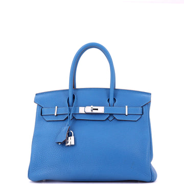Hermes Birkin Handbag Blue Clemence with Palladium Hardware 30