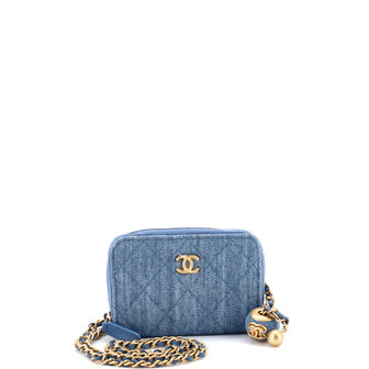 Chanel Pearl Crush Zip Around Card Holder on Chain Quilted Denim
