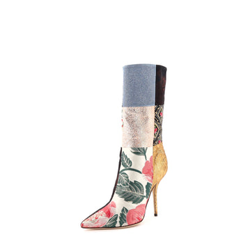 Dolce & Gabbana Women's Sicilian Heeled Pointed Boots Embroidered Patchwork Fabrics