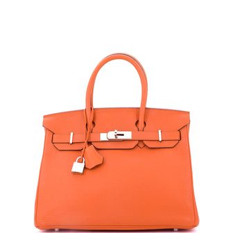 Hermes Birkin Handbag Orange Clemence with Palladium Hardware 30