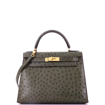 Hermes Kelly Handbag Green Ostrich with Gold Hardware 28