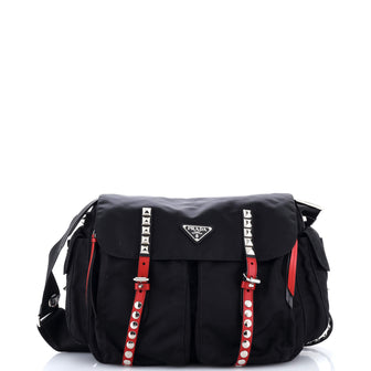 Prada New Vela Flap Messenger Bag Tessuto with Studded Leather Medium