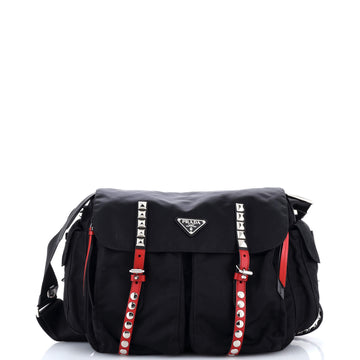 Prada New Vela Flap Messenger Bag Tessuto with Studded Leather Medium