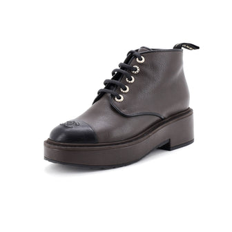Chanel Women's CC Cap Toe Short Combat Boots Leather with Faux Pearls