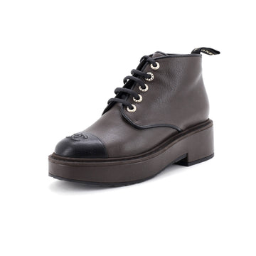 Chanel Women's CC Cap Toe Short Combat Boots Leather with Faux Pearls