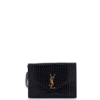 Saint Laurent Cassandre Flap Envelope Wristlet Pouch Crocodile Embossed Leather