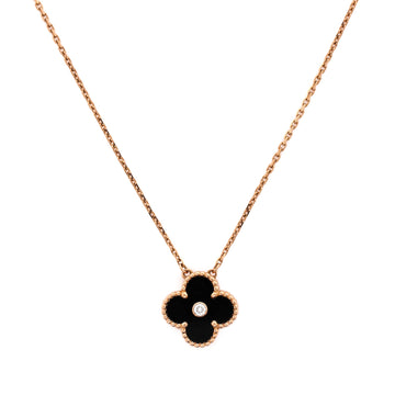 Van Cleef & Arpels Vintage Alhambra Pendant Necklace 18K Rose Gold and Onyx with Diamond