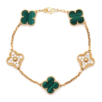 Van Cleef & Arpels Vintage Alhambra 5 Motifs Bracelet 18K Yellow Gold and Malachite with Diamonds