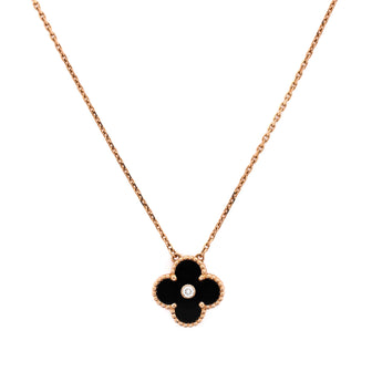 Van Cleef & Arpels Vintage Alhambra Pendant Necklace 18K Rose Gold and Onyx with Diamond