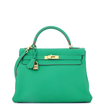 Hermes Kelly Handbag Green Clemence with Gold Hardware 32