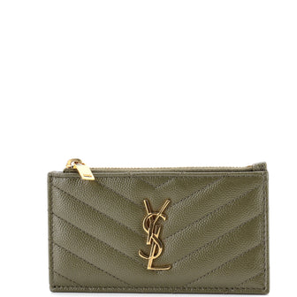 Saint Laurent Monogram Fragments Zip Card Holder Matelasse Chevron Leather
